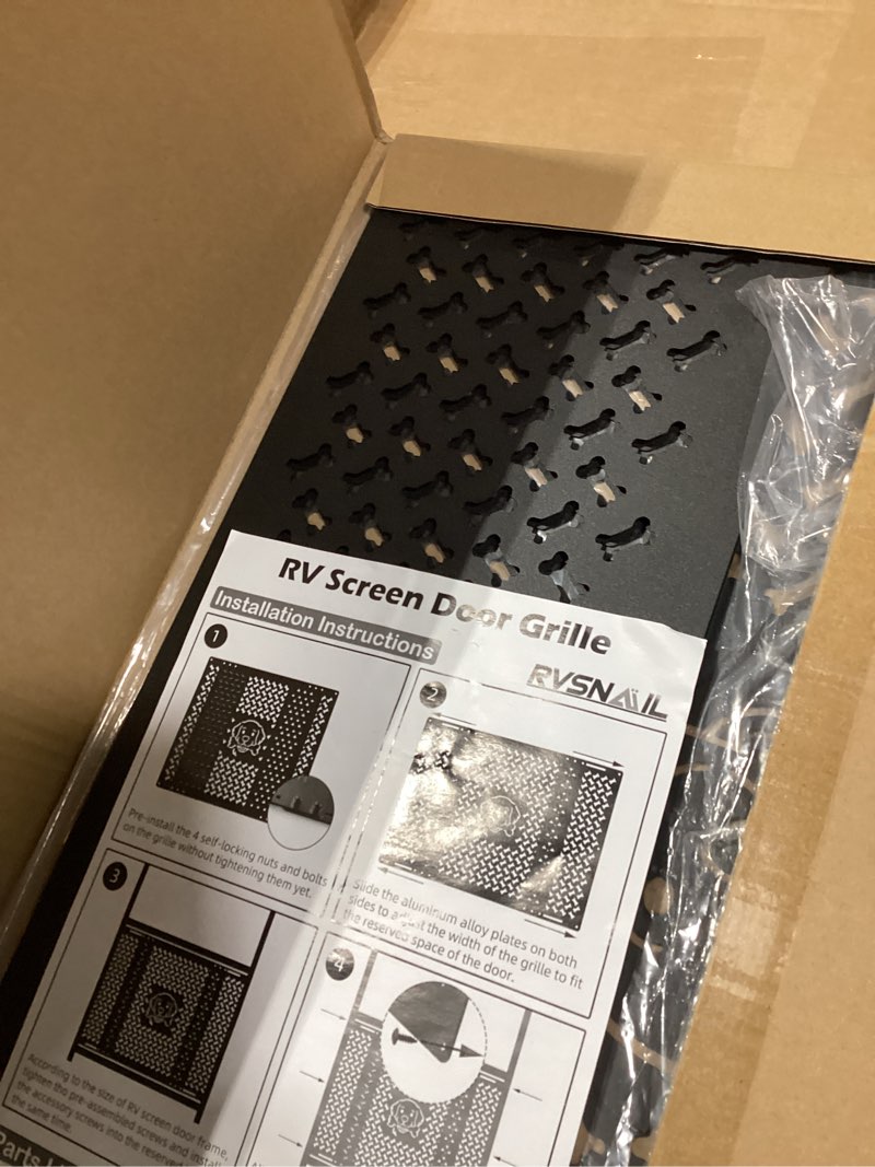 Condition photo showing New/Like New for rv screen door protector for dogs, adjustable dog head and bone design rv entry door grille, heavy-duty aluminum, fits 18.07" to 33.64", perfect for rv, camper