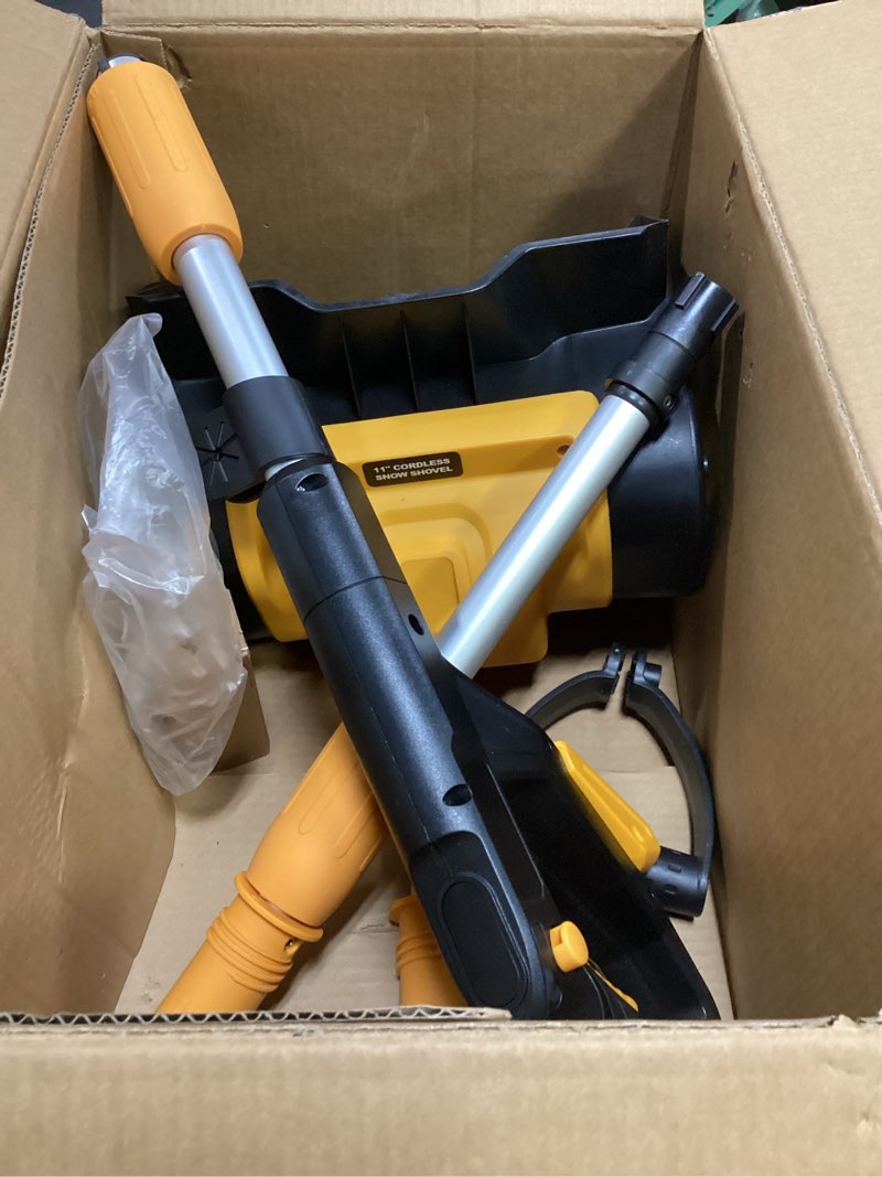 Condition photo showing As Is for cordless snow shovel compatible with dewalt 20v max battery (tool only), 11" lightweight electric snow blower with 20ft max throw & adjustable handle, snow thrower for driveway, deck, patio & steps black+yellow