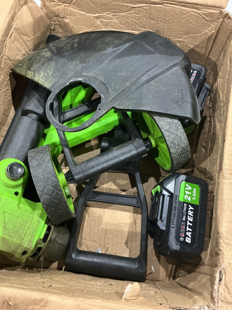 Condition photo showing As Is for kihoplly 12" stringless weed wacker cordless eater, 21v 3000mah*2 battery powered grass trimmer brush cutter, 3-in-1 wheeled lawn edger with blades, electric string trimmer 2 batteries and charger