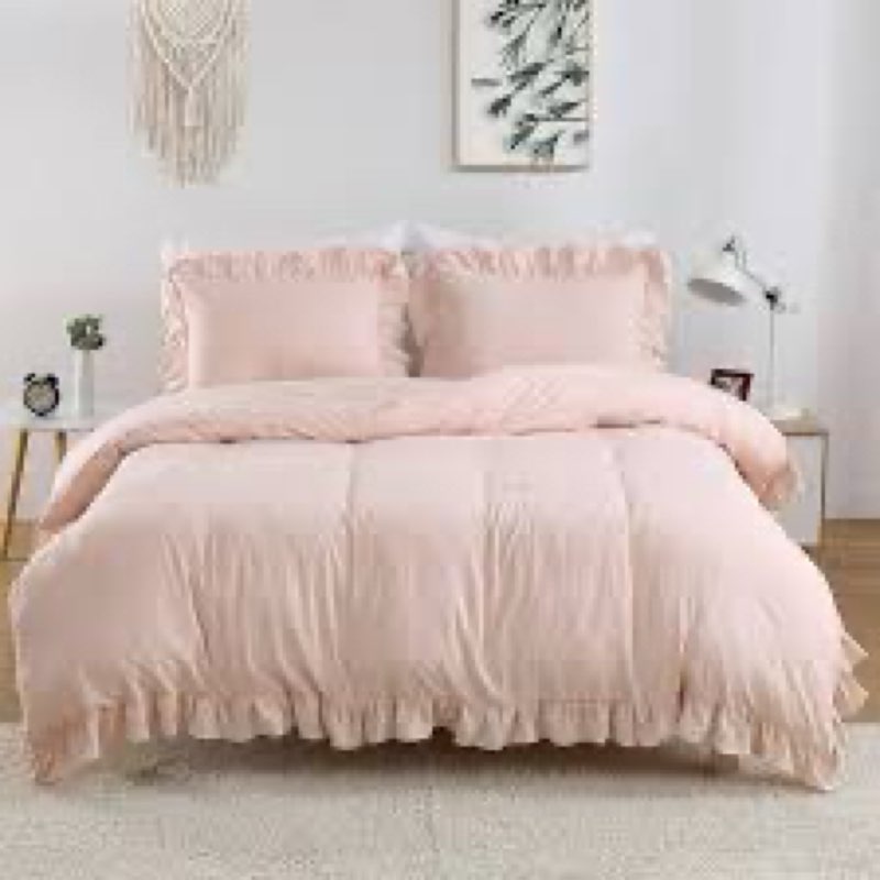 Pink Ruffle Duvet Cover Queen Size, 3PCS Soft Washed Microfiber Vintage French Country Duvet Cover Set for Queen Bed, Pink, 90x90 in