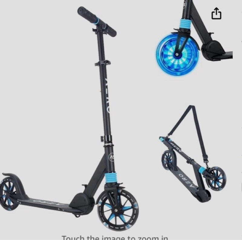 aero mobility kick scooter for kids 6+, teens & adults | light up wheels, hand brake, rubber deck mat & shock absorption | foldable & height adjustable