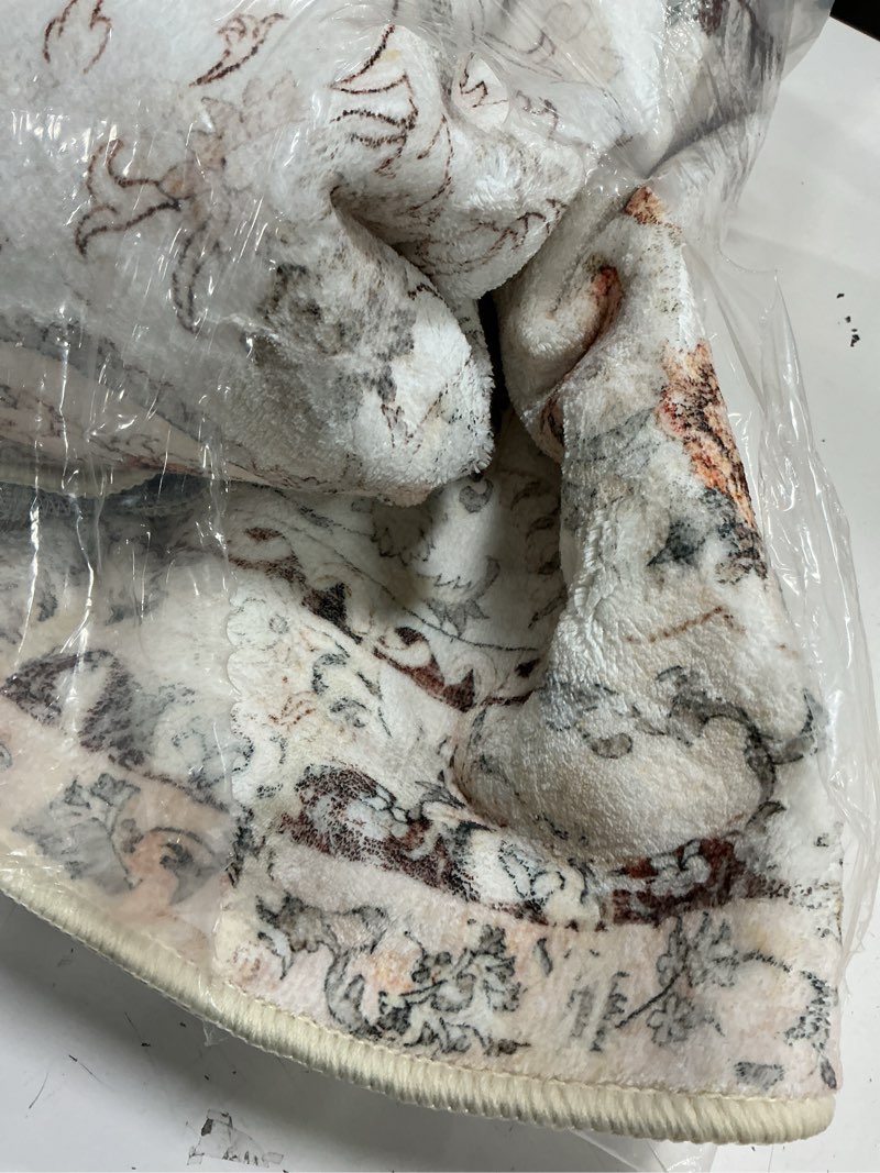 Condition photo showing As Is for round rug 9ft,large boho circle area rugs for bedroom living room,beige washable vintage bohemian distressed oriental floral carpet non slip 9'x9' beige