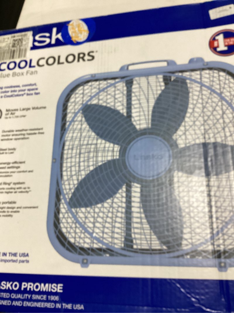 Condition photo showing Good Condition for lasko 20  cool colors 3-speed box fan with weather-resistant motor  blue  22.5  high  b20310  new