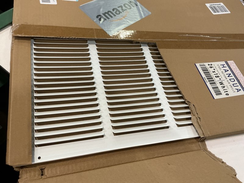 Condition photo showing Good Condition for Fits 26x18 Duct Opening | Steel Return Air Grille by Handua | Vent Cover Grill for Sidewall and Ceiling | White | HVAC Cold Air Intake Grille | Outer Dimensions: 27.75"W X 19.75" 1 26"W x 18"H [Duct Opening]