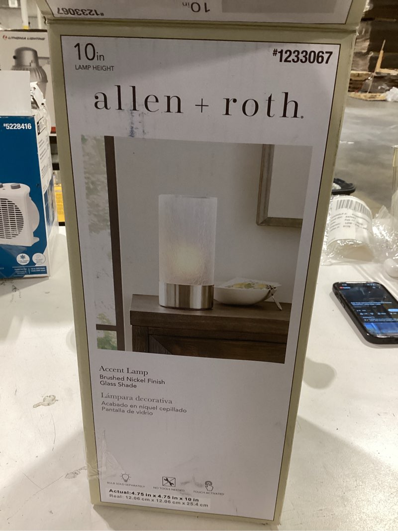 Condition photo showing New/Like New for NEW Allen & Roth 10" Brushed Nickel Touch Accent Lamp Model 1233067 