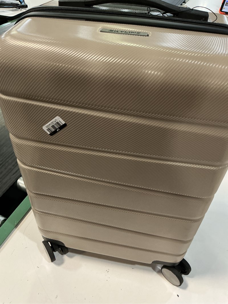 Condition photo showing As Is for skyline 8 wheel hardside spinner 20" carry on suitcase - oxford tan