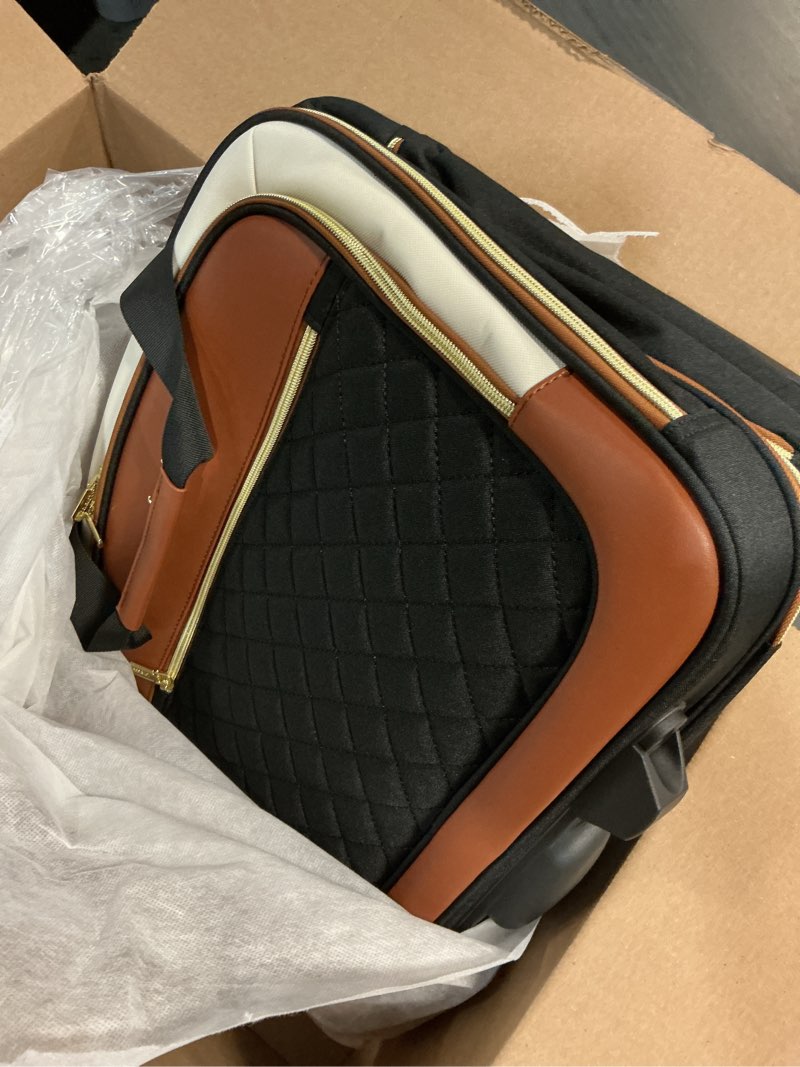 Condition photo showing Good Condition for LOVEVOOK Rolling Laptop Bag Women, 17.3 Inch Laptop Briefcase with Wheels, Soft Sided Underseat Carry On Luggage Personal Item Suitcase for Work Travel Business, Black Brown Beige Black-Brown-White