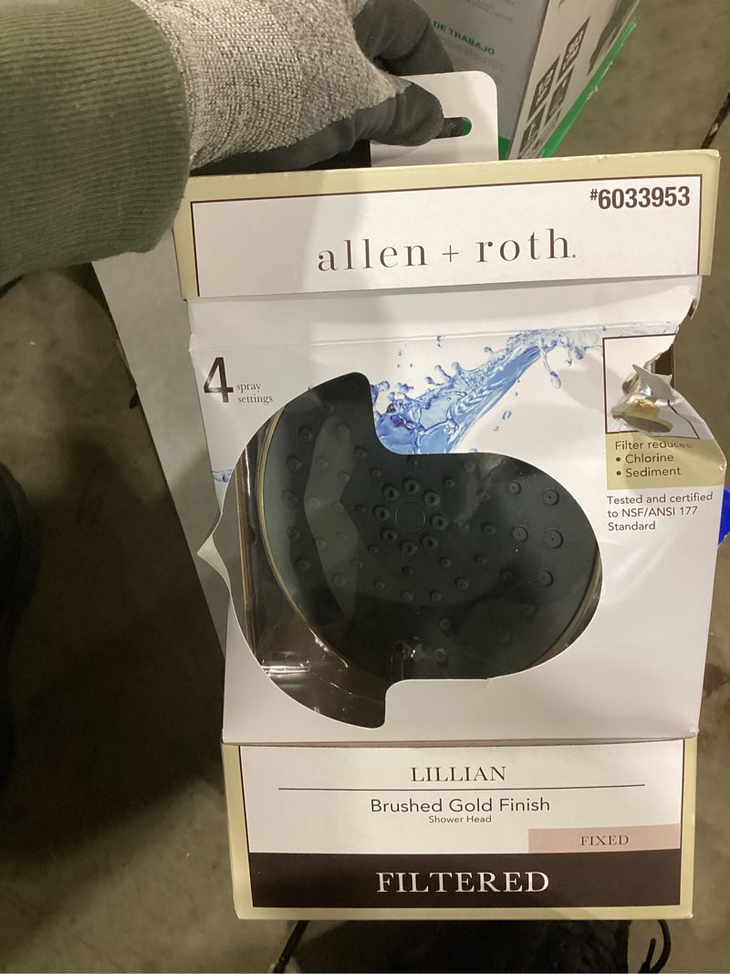 Condition photo showing As Is for allen + roth lillian 4 -spray brushed gold 6-in round filtered shower head 1.8 gpm