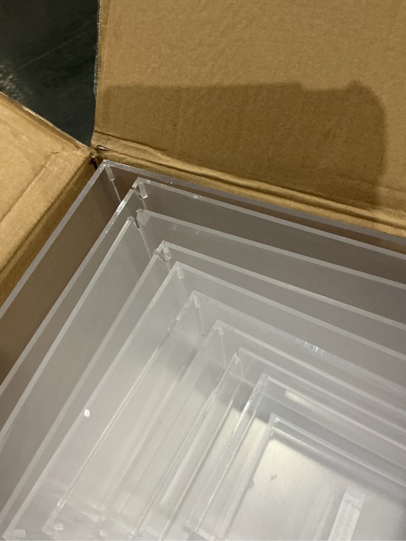 Condition photo showing As Is for leinuosen 10 pcs extra large acrylic buffet risers for food display stands box, rectangle catering dessert table risers decorative 7 to 16 inch, hollow bottom for weeding brunch party supplies(clear) clear rectangle