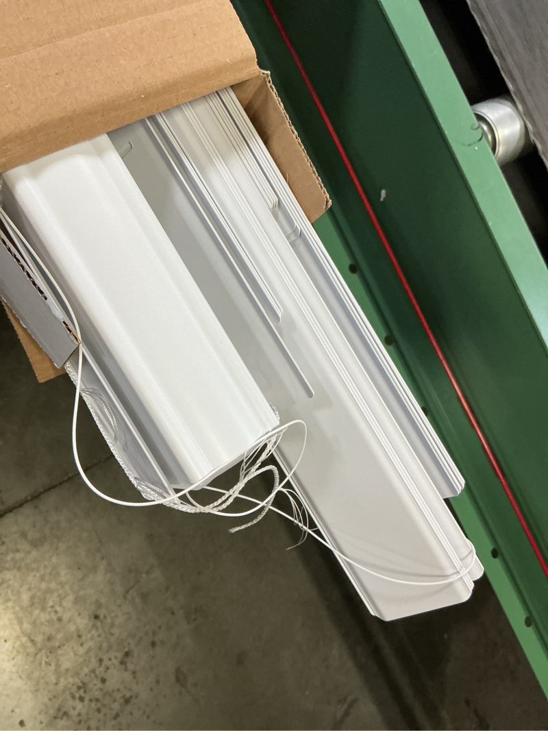 Condition photo showing As Is for project source premium 2-in slat width 39-in x 64-in cordless white vinyl room darkening horizontal blinds
