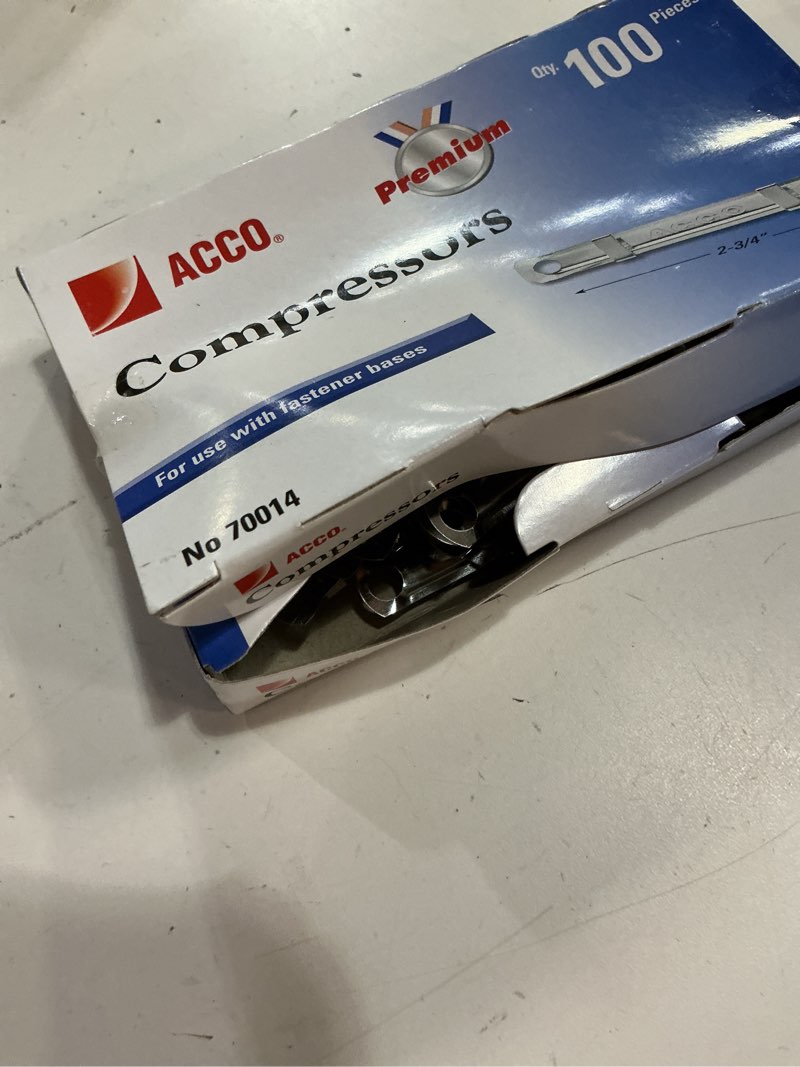 Condition photo showing Good Condition for acco prong fastener compressors, premium, 1" capacity, for standard 2-hole punch (2 3/4" centers), 100/box (70014)