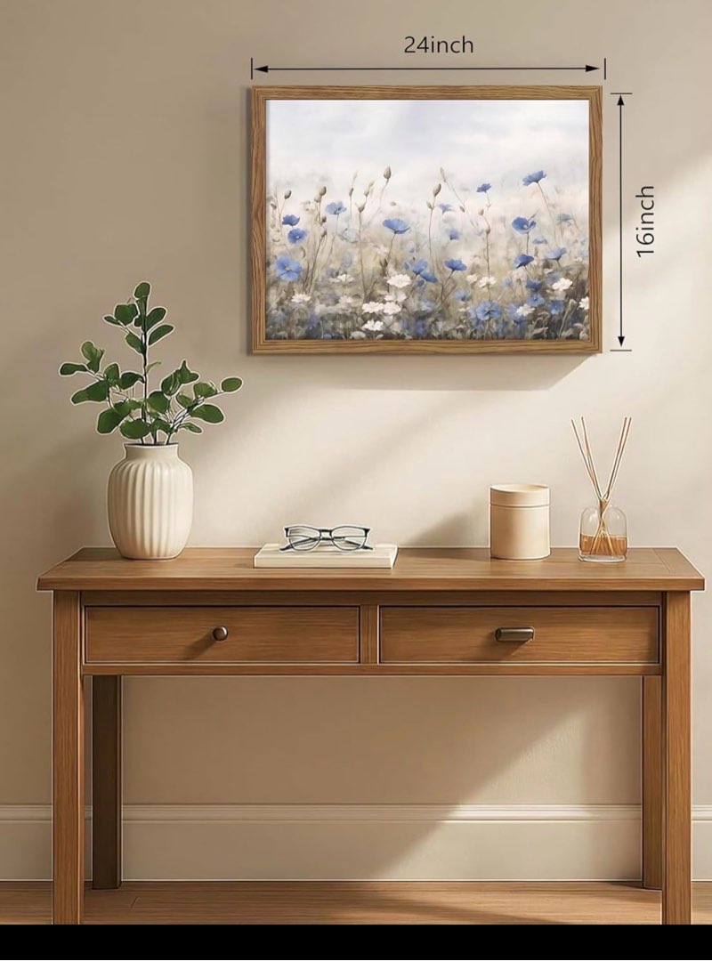 vintage floral wall art, blue white wildflower botanical canvas wall decor, nature landscape artwork painting, rustic farmhouse flower prints pictures for bedroom living room 16x24 inch framed blue white flowers framed 24"l x 16"w
