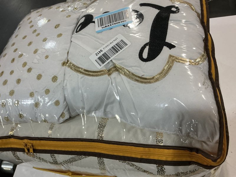 Condition photo showing Good Condition for intelligent design raina full / queen comforter set, soft microfiber comforter set queen, modern geometric metallic bed set, 5 pieces college bedding comforter set with 2 shams, 2 toss pillows ivory