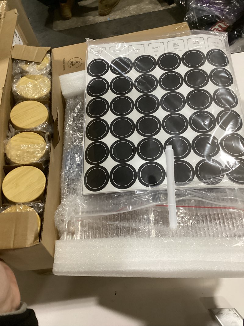 Condition photo showing As Is for 24 Spice Jars with Spice Drawer Organizer, 355 Spice Labels, 4 Pack Expandable From 11'' to 21'' Acrylic Spice Rack for Drawer, Seasoning Containers Storage Organization for Kitchen Cabinet Countertop 4pack + 24jars