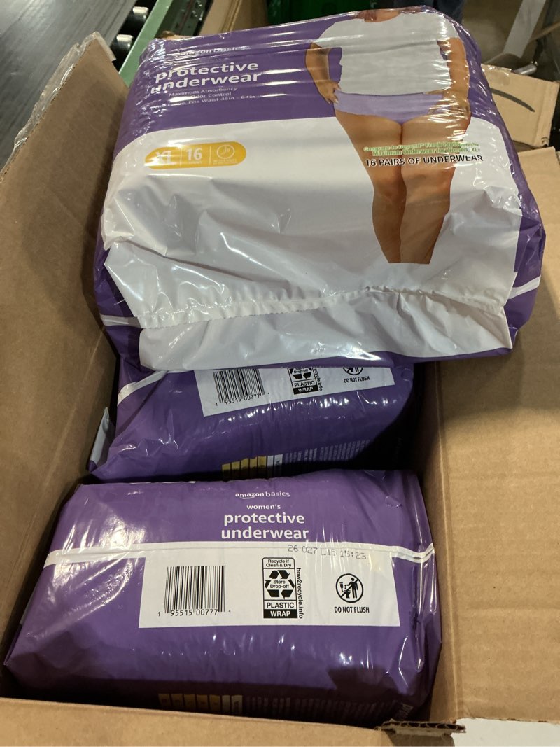 Condition photo showing New/Like New for amazon basics incontinence underwear for women, protective, disposable, postpartum, maximum absorbency, x-large, lavender, 48 count (3 packs of 16)