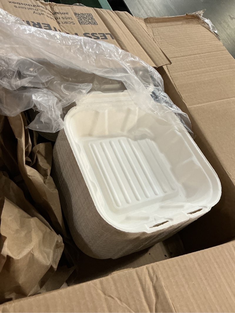 Condition photo showing Good Condition for freshware compostable clamshell food containers - 8x8" 50-pack, biodegradable sugarcane to go boxes, heavy duty paper container - microwave & freezer safe, stackable 8 x 8 inch 50.0