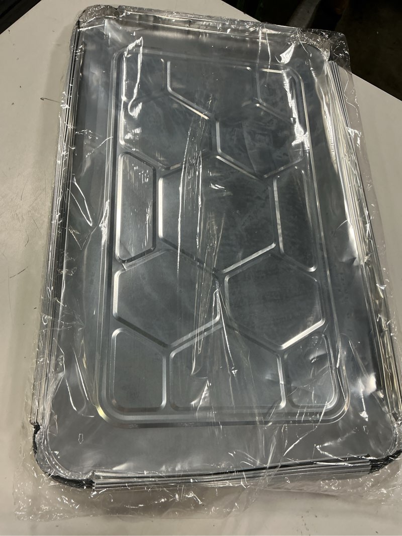 Condition photo showing New/Like New for infinity el disposable aluminum foil pan lids 25 pack | half size 13" x 11" insulated foil pan lids | heavy duty aluminum foil lids for catering, food storage, turkey, lasagna, parties & meal prep (half-size/25 pack)