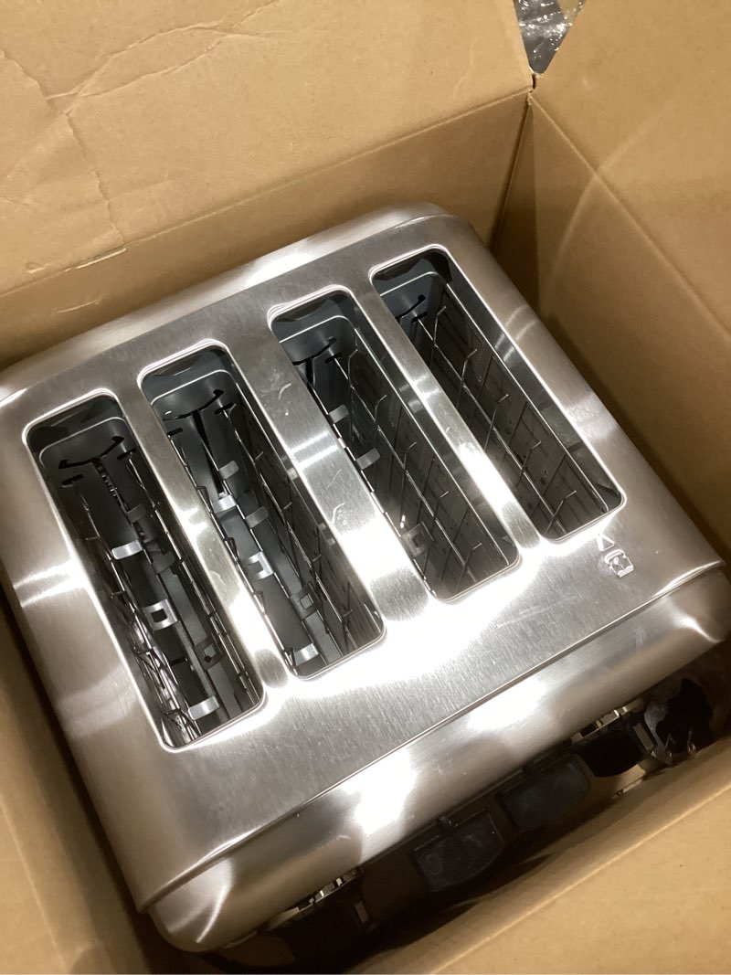 Condition photo showing As Is for cuisinart 4 slice compact stainless steel toaster with extra-wide slots for bread, french toast, bagels & pastries, defrost & reheat functions, cpt-180p1, brushed stainless, removable crumb tray