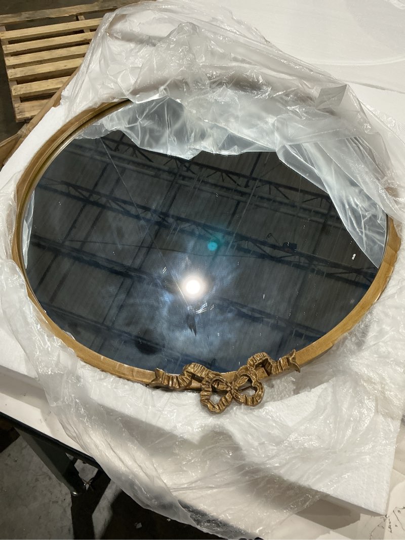 Condition photo showing Good Condition for vintage bow gold mirror: 23.6" antique round mirror for bathroom | baroque metal frame with hd glass - traditional ornate wall decor, perfect for vanity tables, entryway, bedroom or fireplace round 24.6"l x 23.6"w