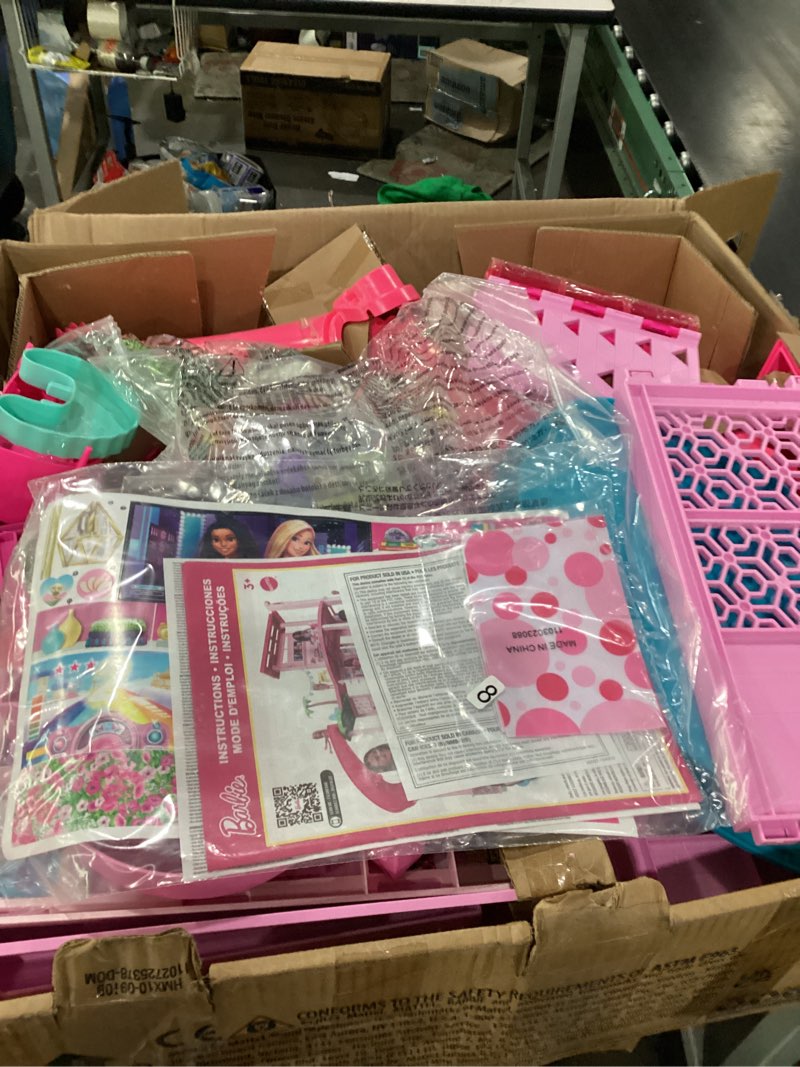 Condition photo showing As Is for barbie dreamhouse, 75+ pieces, pool party doll house with 3 story slide