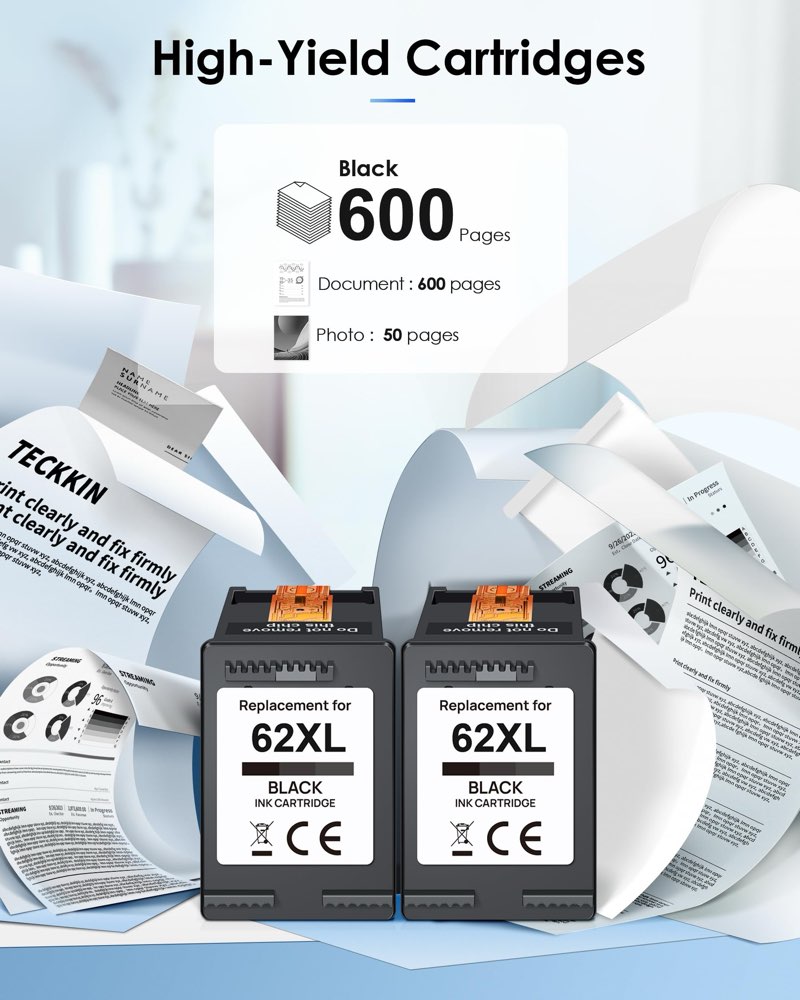 TECKKIN Remanufactured Ink Cartridge Replacement for HP Ink 62 HP 62 Ink 62XL Ink Cartridges Black I
