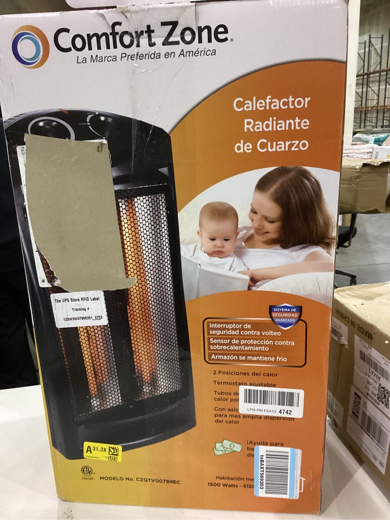 Condition photo showing As Is for Comfort Zone Indoor Tower Space Heater  Adjustable Thermostat  Radiant Heat  Electric  Infrared Quartz  2 Heat Settings  Overheat Protection  Ideal for Home  Bedroom  & Office  1 500W  CZQTV007BK