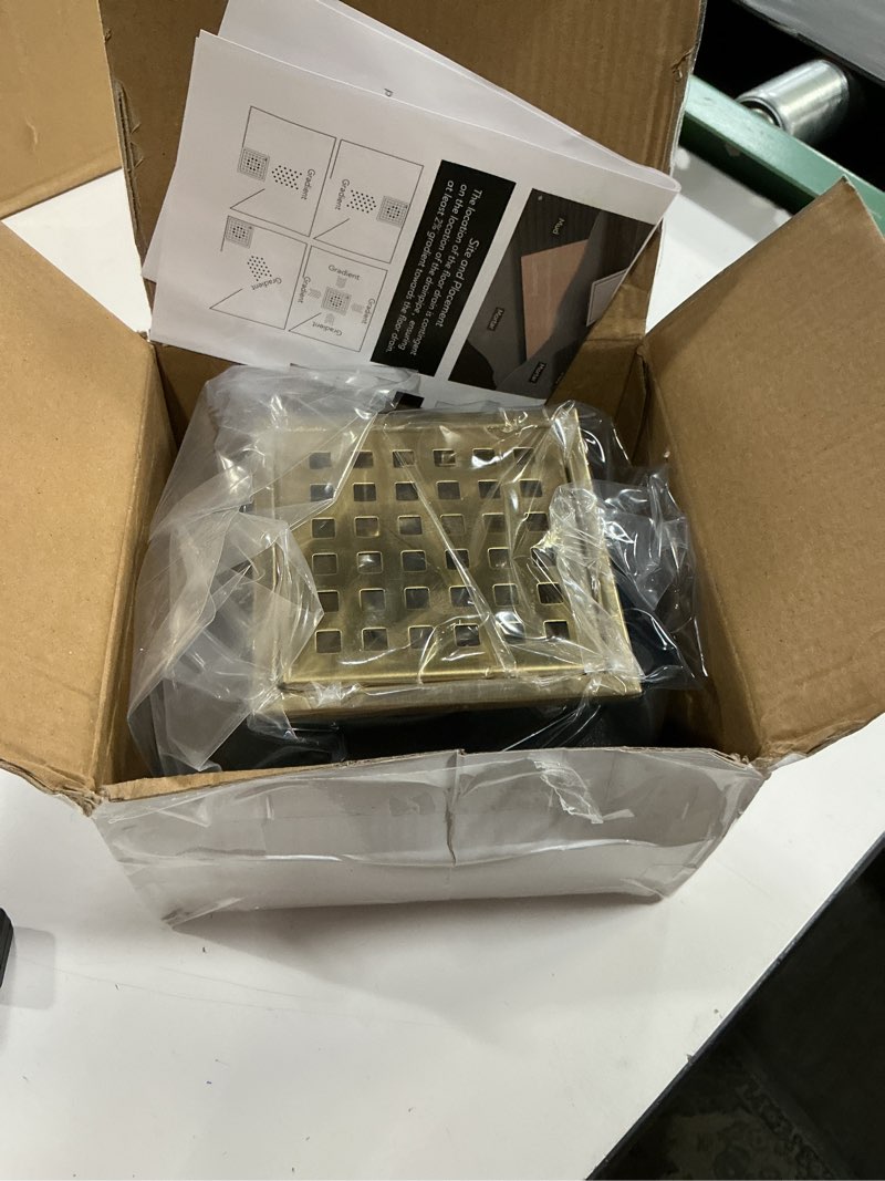 Condition photo showing New/Like New for webang 4 inch square shower floor drain with flange,quadrato pattern grate removable,food-grade sus 304 stainless steel,watermark&cupc certified, brushed gold 4inch brushed gold