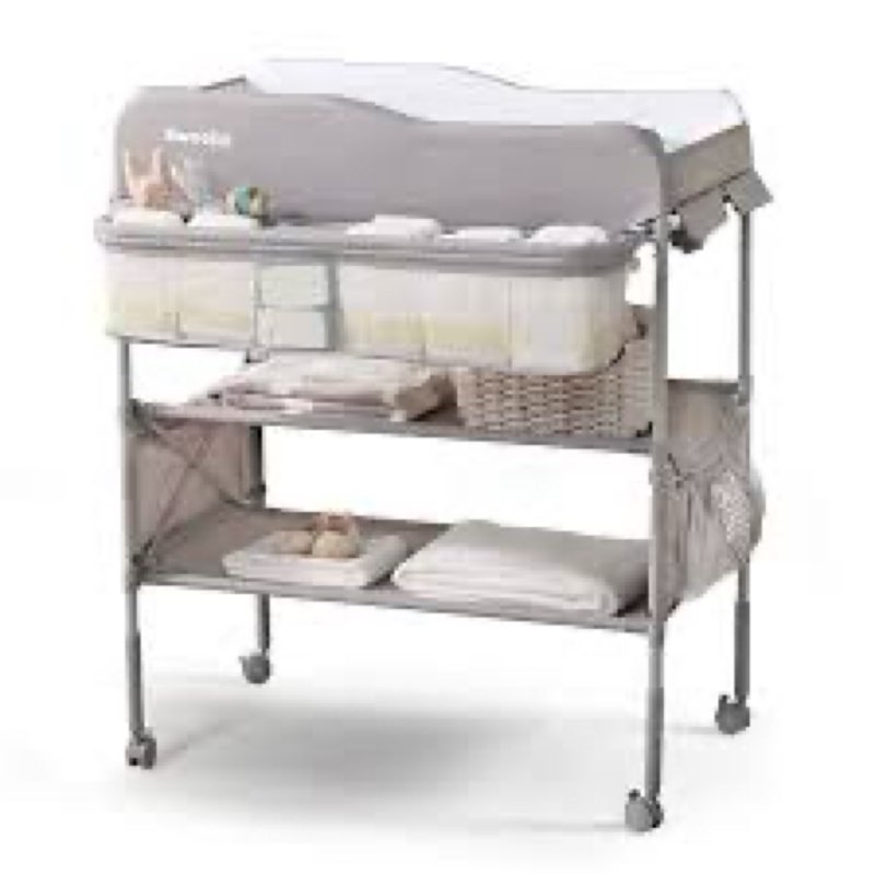 sweeby portable baby changing table, foldable diaper changing station with waterproof pad, mobile nursery organizer for infant & newborn essentials, light grey