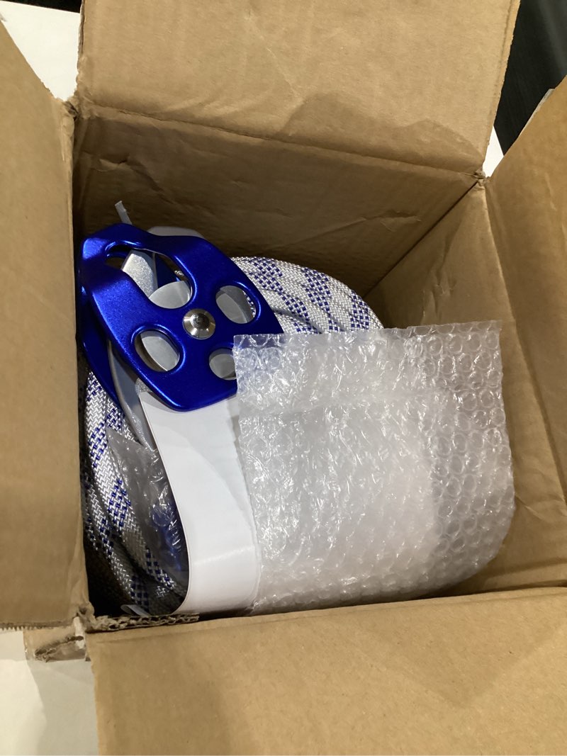 Condition photo showing As Is for Double Block and Tackle Pulley System with 250Ft x 2/5'' Rope Pulley 6700 LB(30KN) Breaking Strength, 4:1 Lifting Power Sheave Pulley Hoist System for Garage, Attic Heavy Lifting