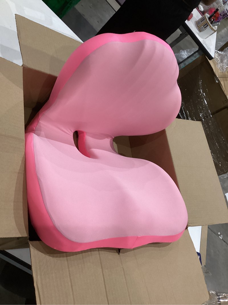 Condition photo showing As Is for ergonomic seat cushion, office chair seat cushions with l-shaped integrated design, memory foam orthopedic cushion with coccyx hollow, lumbar support & tailbone pain relief for long sitting (pink)