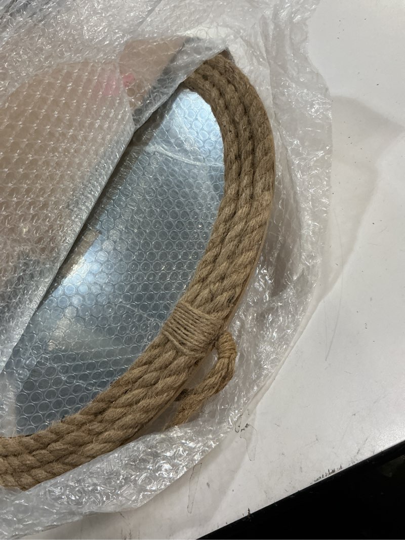 Condition photo showing Good Condition for Vercraft Nautical Mirror 16" Wall Decor with Rope Wrapped Trim and Hanging Loop Round Circle Coastal Boho Mirror Nautical Rustic Decorative for The Living Room, Bedroom Bathroom and Entryway Brown 16"L x 16"W Vintage