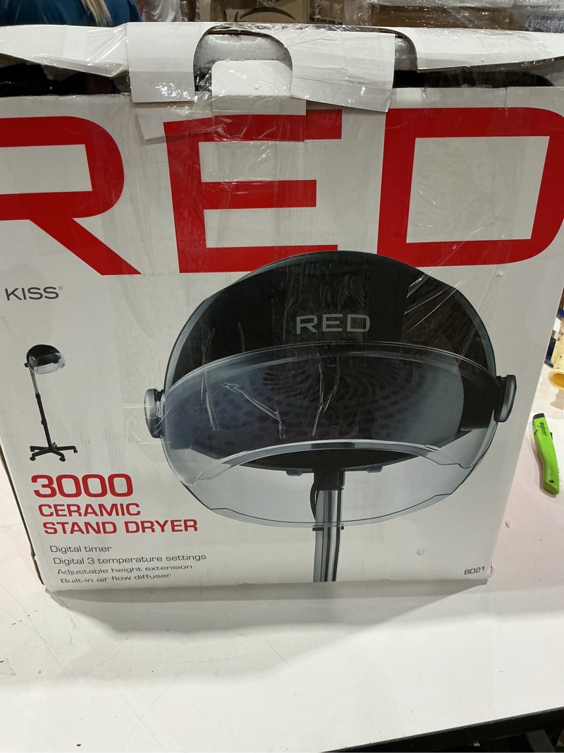 Condition photo showing As Is for red by kiss 3000 ceramic stand hood dryer with digital timer, adjustable height, 360° wheels, 3 temp settings, quick drying, comfortable hood, ideal for home & salon use