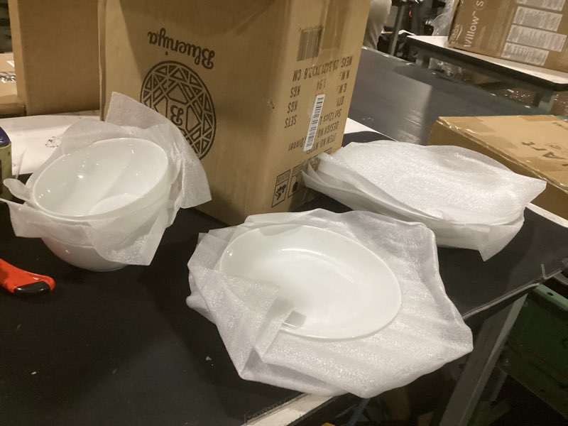 Condition photo showing Good Condition for blueniya 12 piece bone china dinnerware set - white, lightweight, chip & break resistant dish set for 4 - modern round plates & bowls, microwave & dishwasher safe for everyday & special occasions