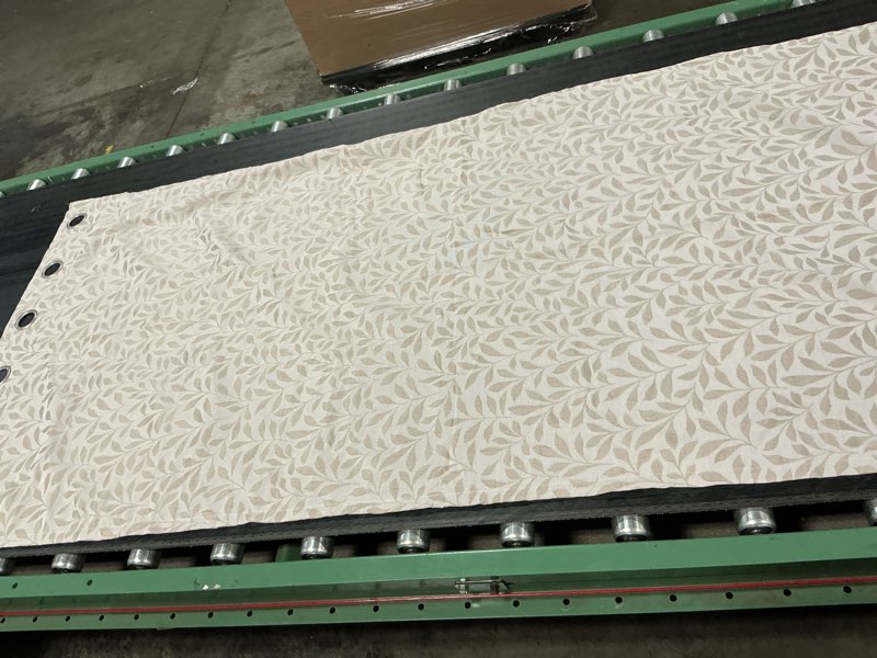 Condition photo showing Good Condition for superior leaves jacquard grommet curtain panel featuring a beige and white botanical leaf pattern with brushed silver eyelet rings 36”x84”