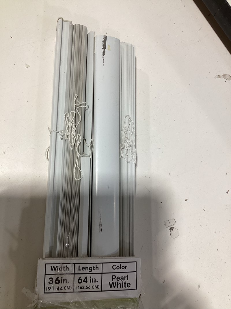 Condition photo showing As Is for achim gii morningstar indoor cordless vinyl light filtering window mini blind  pearl white  64  l x 36  w