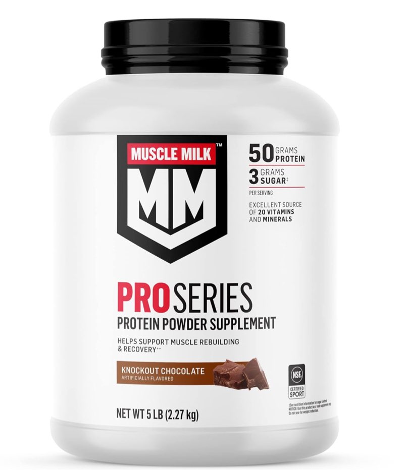 (( expiration date not included)) Muscle Milk Pro Series Protein Powder Supplement, Knockout Chocolate, 5 Pound, 28 Servings, 50g Protein, 3g Sugar, 20 Vitamins & Minerals, NSF Certified for Sport, Workout Recovery