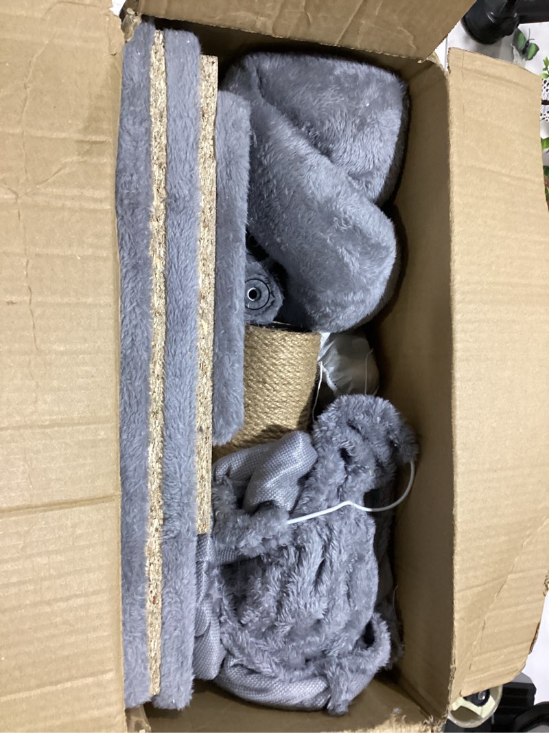 Condition photo showing Good Condition for small cat tree for indoor cats, activity cat tower with scratching post for kittens, modern cat furniture with basket & hanging ball for play rest, grey white