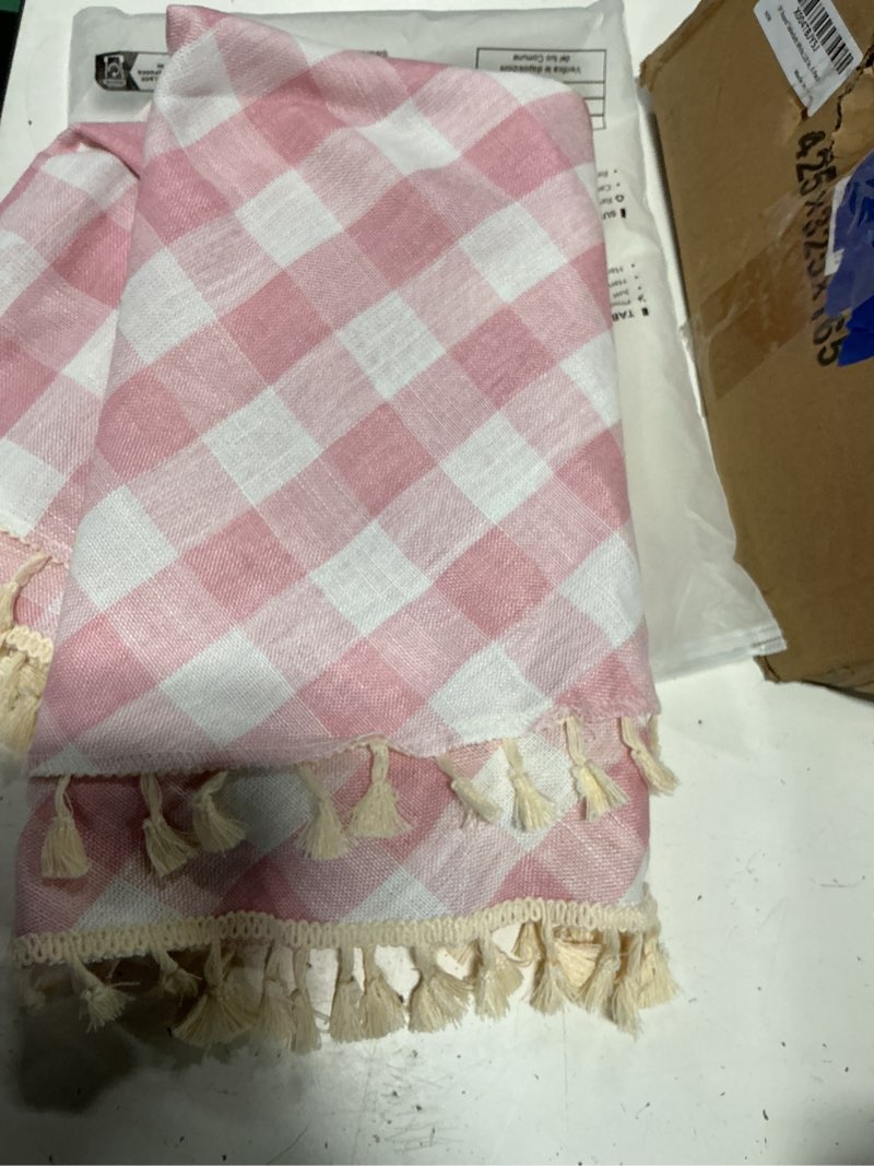 Condition photo showing Good Condition for alsoo pink gingham tablecloth round 60 inch, summer washable checkered plaid table cloth cotton linen fabric for mothers valentine's day outdoor picnic party a-pink white 60" (round)