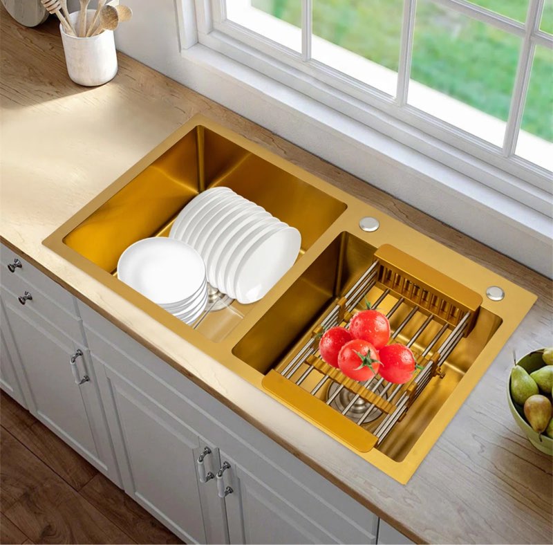 Gold Kitchen Sink, Double Bowl Bar Sink, 304 Stainless Steel Nano-Coated, with Gold Sink Stopper and Drain Strainer, Drop-In or Undermount, 29.5” x15.7”
