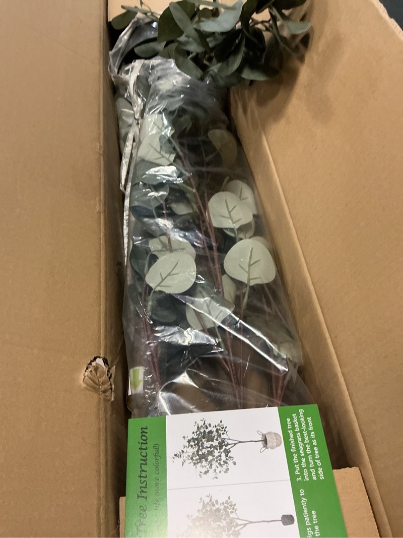 Condition photo showing Good Condition for artificial eucalyptus tree, 6ft tall fake eucalyptus plant with basket, green silver dollars silk leaves faux tree for home office livingroom floor decor indoor