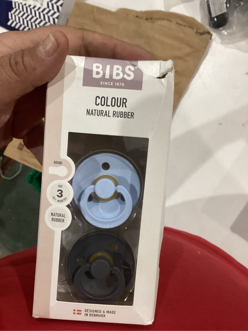 Condition photo showing As Is for bibs pacifiers color collection, set of 2 bpa-free latex pacifiers made in europe, round nipple baby pacifier. baby blue / iron 18+ month (pack of 2)