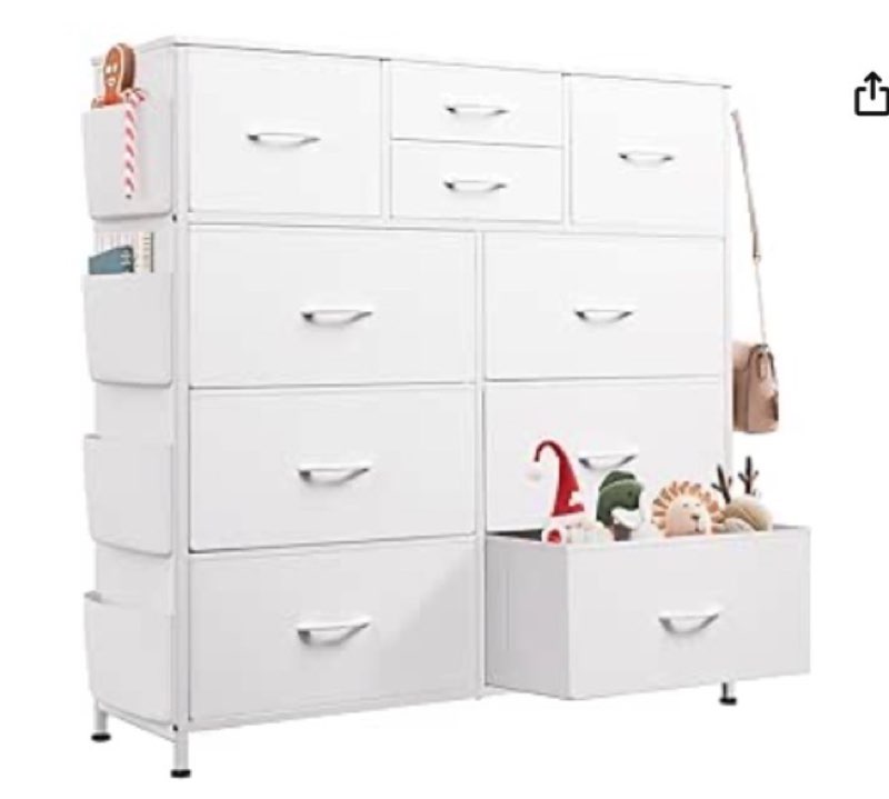 WLIVE White Dresser for Bedroom with 10 Drawers, Chest of Drawers with Side Pockets and Hooks, PU St
