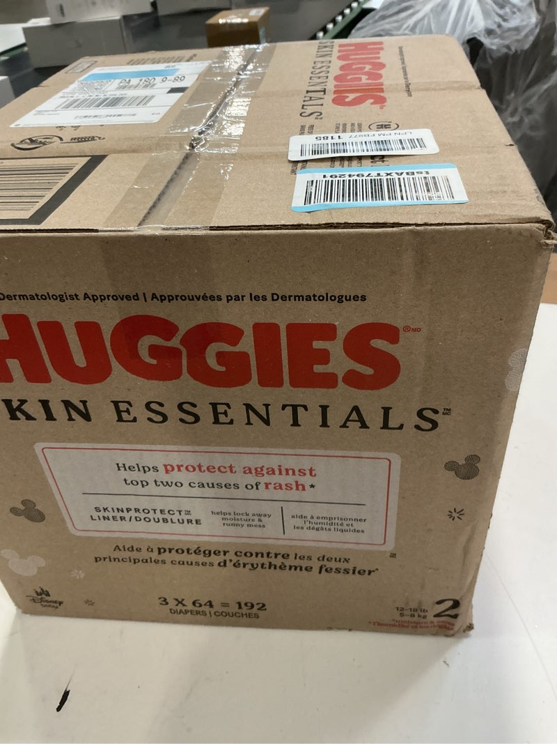 Condition photo showing New/Like New for Huggies Size 2 Diapers, Skin Essentials Baby Diapers, Size 2 (12-18 lbs), 192 Count (3 Packs of 64), Packaging May Vary Size 2 192