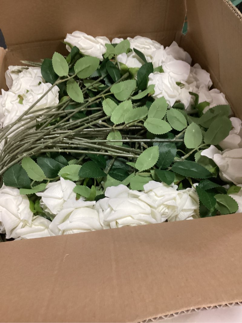 Condition photo showing Good Condition for 100 pcs fake white roses, artificial flowers bulk realistic silk faux ivory rose with stems for wedding decorations table centerpieces bridal bouquet diy floral arrangement event party home decor white 100 pcs