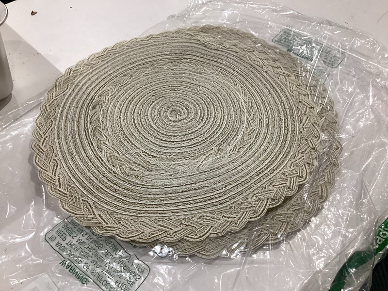 Condition photo showing Good Condition for shacos boho round placemats set of 7 braided border round place mats 15 inch washable dining table mats for home wedding holiday party (ivory bordered, 7) ivory bordered 7