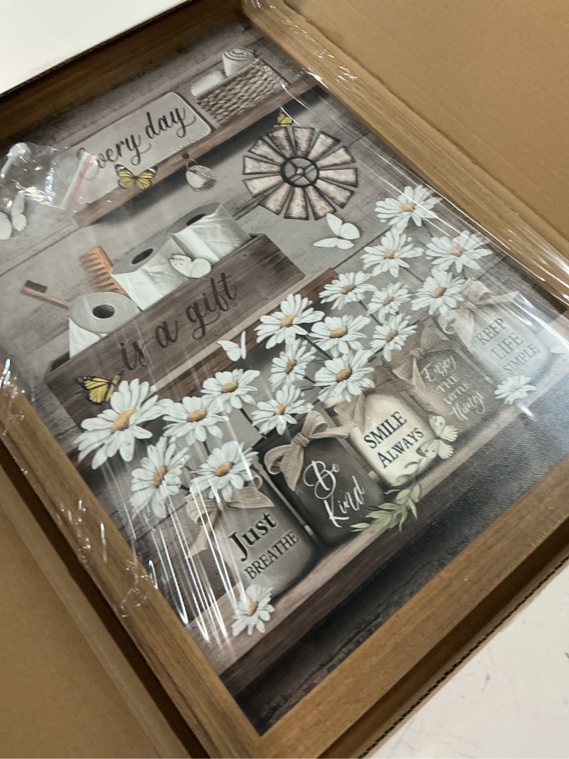 Condition photo showing New/Like New for clicyre farmhouse bathroom wall art, rustic daisy mason jar canvas print, country inspirational quote floral wall decor for bathroom laundry room powder room wood framed 12x16 inch daisygift 16"l x 12"w