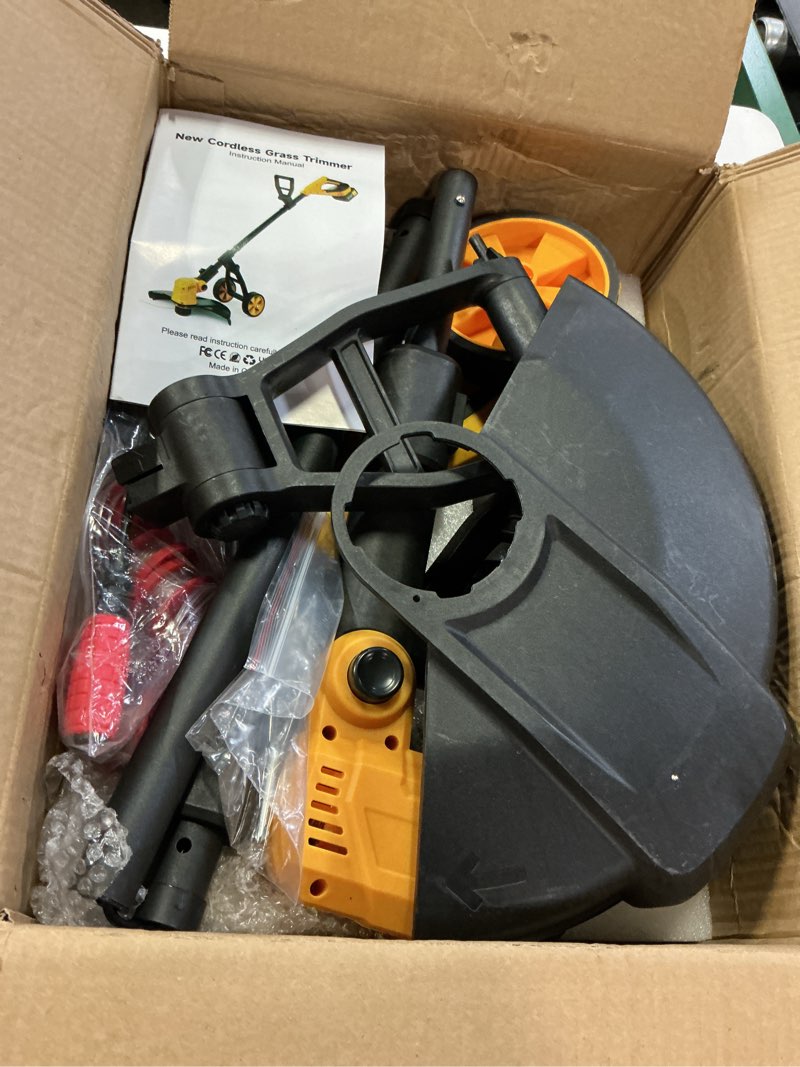 Condition photo showing Good Condition for cordless string trimmer with wheels, 14-inch 2x3.0ah 21v battery powered weed eater, electric lawn mower weed wacker, brush cutter grass trimmer for garden yard yellow
