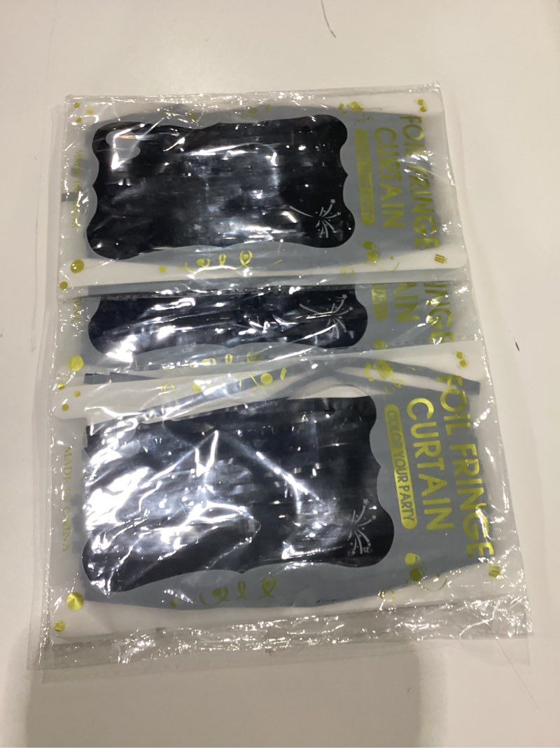 Condition photo showing New/Like New for 3 pack foil fringe backdrop - black shiny tinsel curtains for party decoration/photo booth props - 3.3x8.2 ft metallic foil backdrop for birthday, wedding, graduation, christmas.