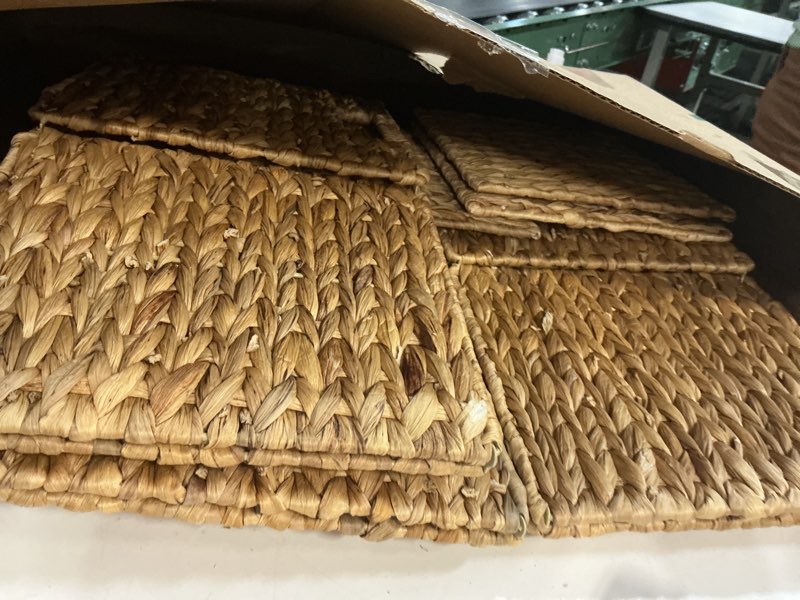 Condition photo showing Good Condition for 11x11x11in Water Hyacinth Storage Baskets, 11 Inch Cube Storage Bins, Woven Baskets for Storage, Wicker Storage Basket for Shelves Set of 3