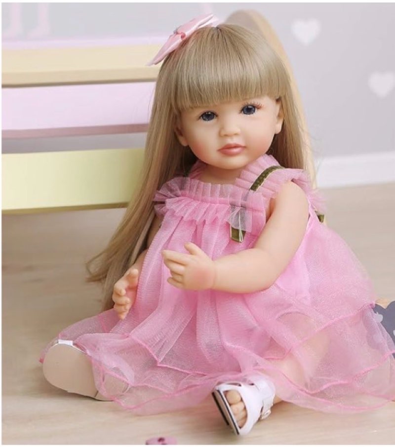 Reborn Baby Dolls Girl 22 inch Lifelike Realistic Toddler Reborn Doll Silicone Vinyl Full Body Waterproof with Blond Long Hair Pink Dress for Xmas Gifts